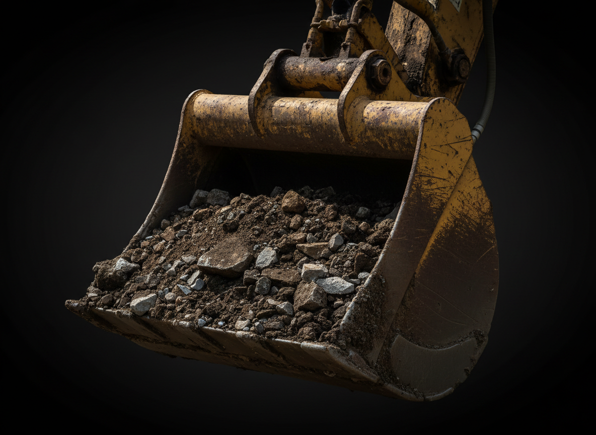Close-up detail of a rugged yellow excavator bucket digging into dark soil and rocks